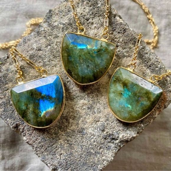 Labradorite Crescent 22K Gold Boho Necklace - Picture 10 of 10